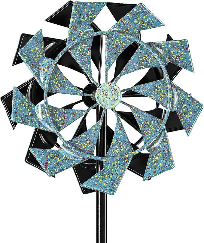 59 inch Outdoor Kinetic Wind Spinner, Double Blade Wind Sculpture with 5 Prong Base, Geometric Metal Windmill for Garden, Lawn & Patio Decoration (Blue Gold) by GreenHaven Gardens