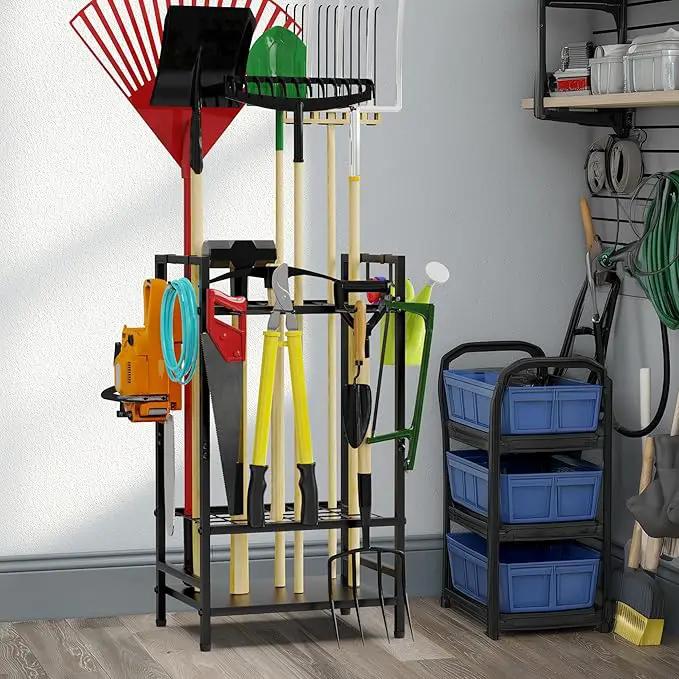 Garden Tool Organizer Rack for Garage, Yard Tool Tower Rack Organizer, Tools Stand Storage with Hooks Black Metal Garden Tools Holder for Yard Shed Garage Organization by GreenHaven Gardens