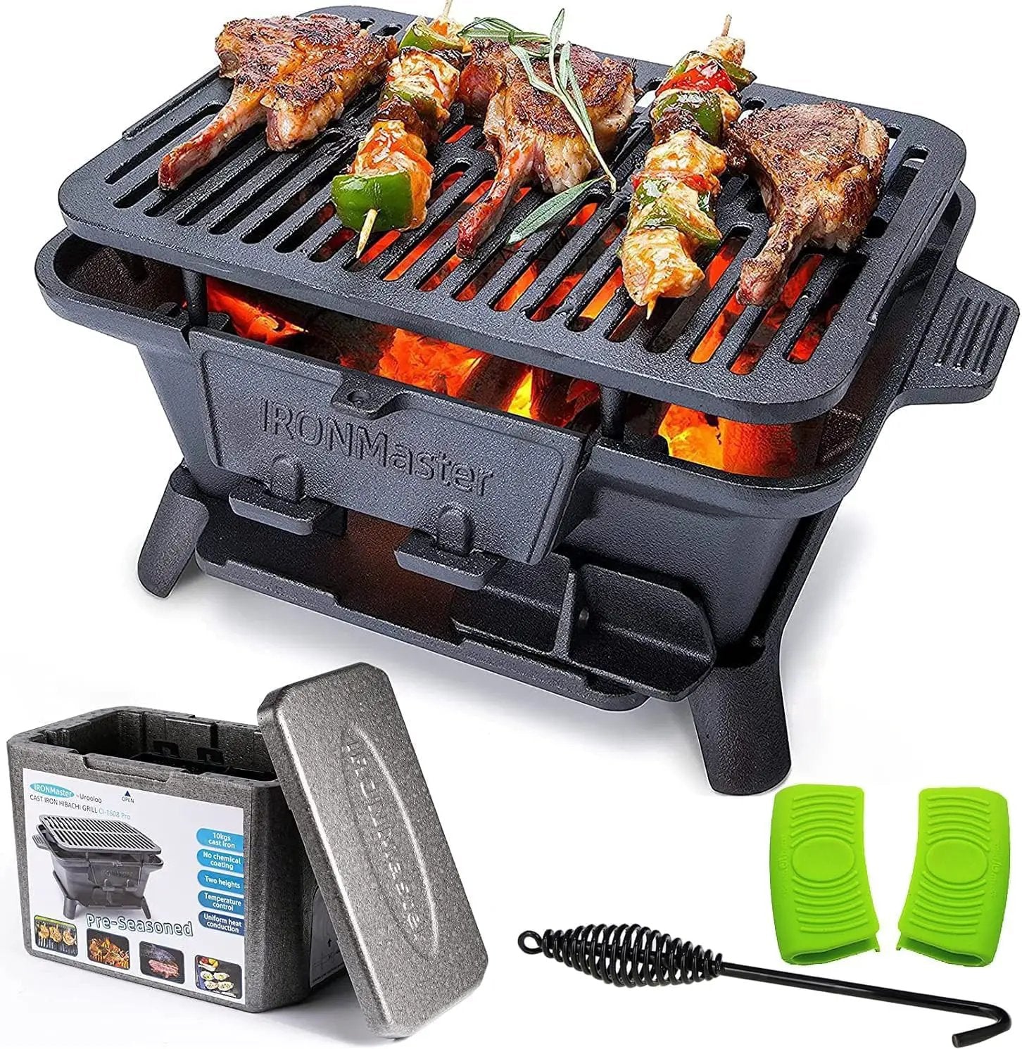 IronMaster Hibachi Grill Outdoor, Small Portable Charcoal Grill, 100% Pre-Seasoned Cast Iron, Japanese Yakitori Camping Grill - 2 Heights, Air Control, Coal Door + Carrying case by GreenHaven Gardens