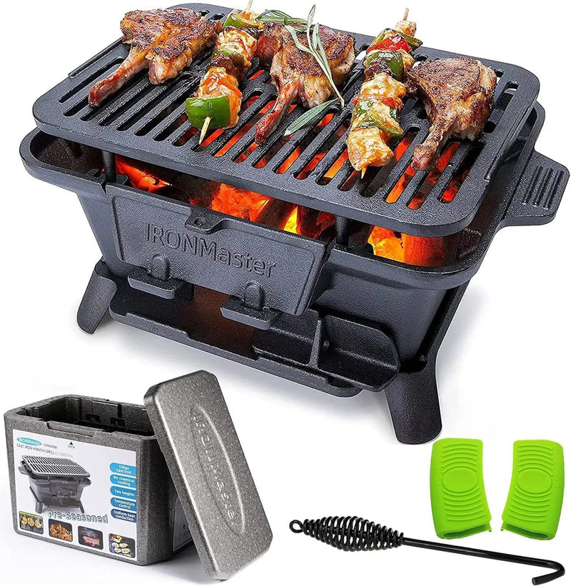 IronMaster Hibachi Grill Outdoor, Small Portable Charcoal Grill, 100% Pre-Seasoned Cast Iron, Japanese Yakitori Camping Grill - 2 Heights, Air Control, Coal Door + Carrying case by GreenHaven Gardens