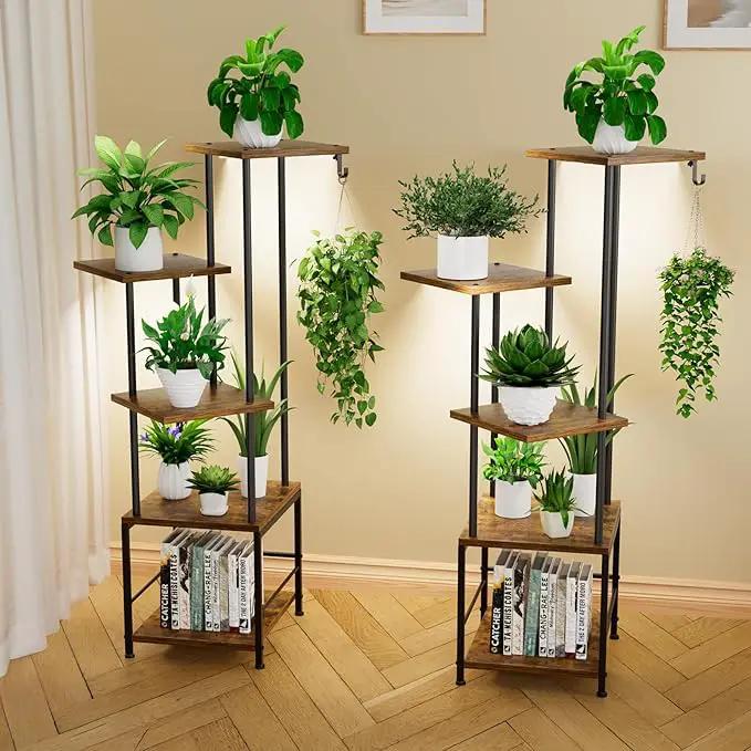 Plant Stand Indoor with Grow Light, 5-Tiered Tall Plant Stand Indoor, Metal Plant Shelf with Hanging Basket Hook and Adjustable Light, Ideal for Living Room, Garden, Patio,Brown and Black（2 pcs ） by GreenHaven Gardens