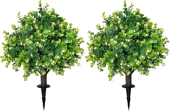 Artificial Boxwood Topiary Ball Trees 21.6" Tall UV Resistant Artificial Bushes, Set of 2 Faux Plants with Spike Easy to Push in The Ground for Indoor Outdoor Garden by GreenHaven Gardens