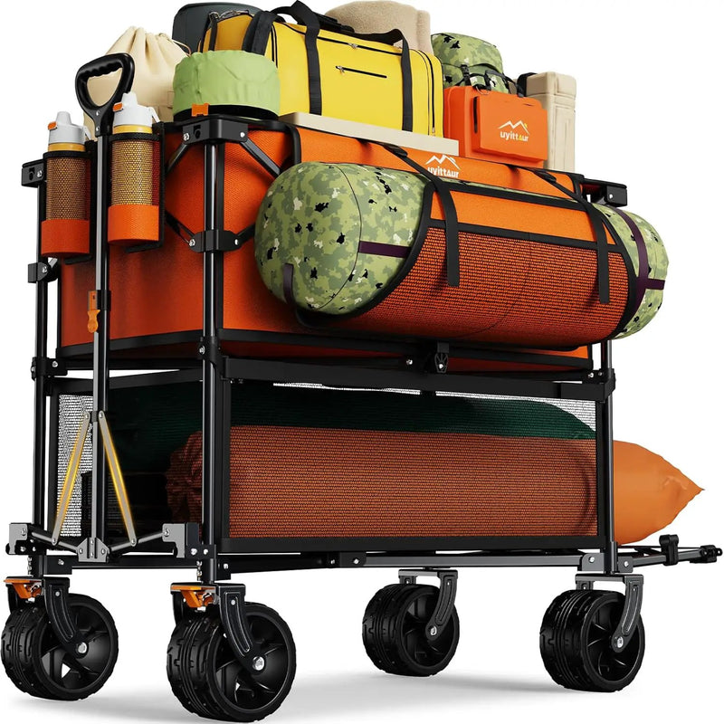 Foldable 50''L Extra Long Double Decker Wagon for Sport, 400L Collapsible Heavy Duty Wagon Cart with Big Wheels, Utility All-Terrain Large Extender Cart for Outdoors, Orange by GreenHaven Gardens