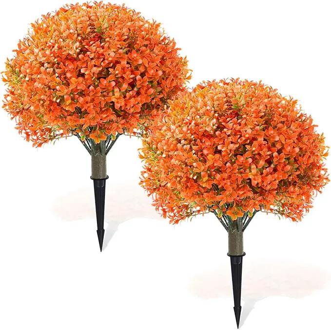 Yunlly 2 Pack 18" Artificial Boxwood Ball Bush Topiary Trees Fake Outdoor Plants, Realistic UV Resistance Faux Shrubs with Spike Greenery Topiary for Front Porch Garden Yard Patio Indoor (Orange) by GreenHaven Gardens