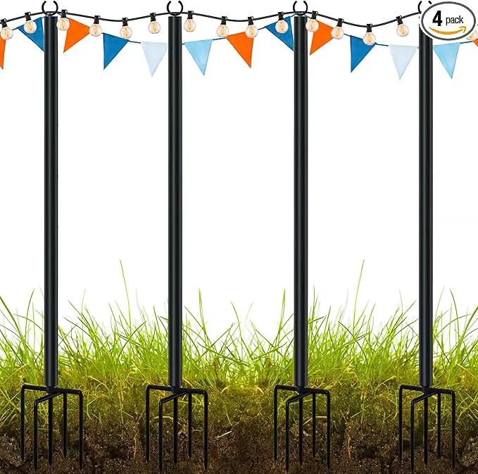 LAND·VOI Metal String Light Poles for Outside Hanging - Backyard, Garden, Patio, 4 Pack Lighting Stand with Adjustable Height for Outdoor Parties, Wedding, Extra-Long 5-Prong Claws, (9.6FT) FLP04B by GreenHaven Gardens