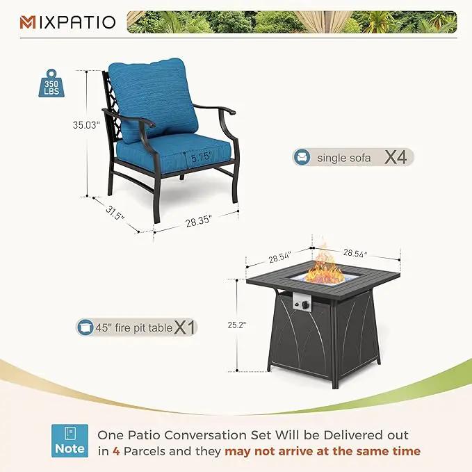 Patio Furniture Set with Fire Pit Table, 5 Pcs Metal Outdoor Conversation Set, 4 Single Chairs with 5.75" Extra Thick Cushion and 28" Fire Pit Table for Backyard Deck, Green Blue by GreenHaven Gardens