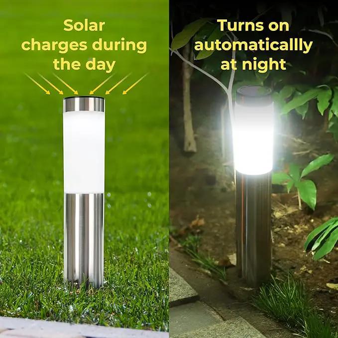 TECHKO Stainless Steel Outdoor Solar Bollard Path Lights (2-Pack), Solar Cylinder Pathway Lights (Stainless Steel) by GreenHaven Gardens