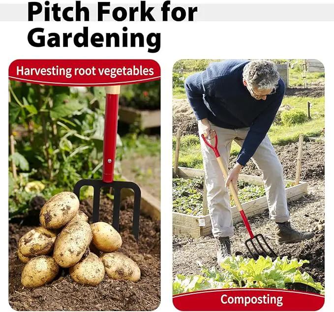 Heavy Duty Garden Fork for Digging, 4 Tines Pitch Fork for Gardening Compost, Garden Pitch Fork with Wooden Handle, 45 Inches by GreenHaven Gardens