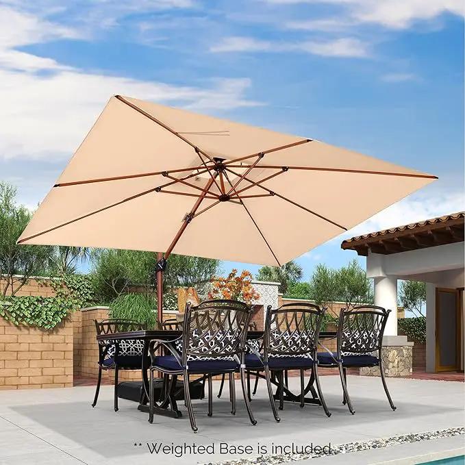 PURPLE LEAF 9' X 12' Double Top Deluxe Wood Pattern Rectangle Patio Umbrella with Base Offset Hanging Umbrella Outdoor Market Umbrella Garden Umbrella, Beige by GreenHaven Gardens