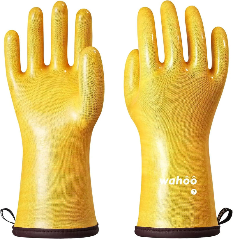 wahoo Professional Liquid Silicone Oven Mitts Gloves, Heat Resistant Gloves for Cooking, Baking, CoralAir Liner, 12 Inch, Yellow, Medium by GreenHaven Gardens