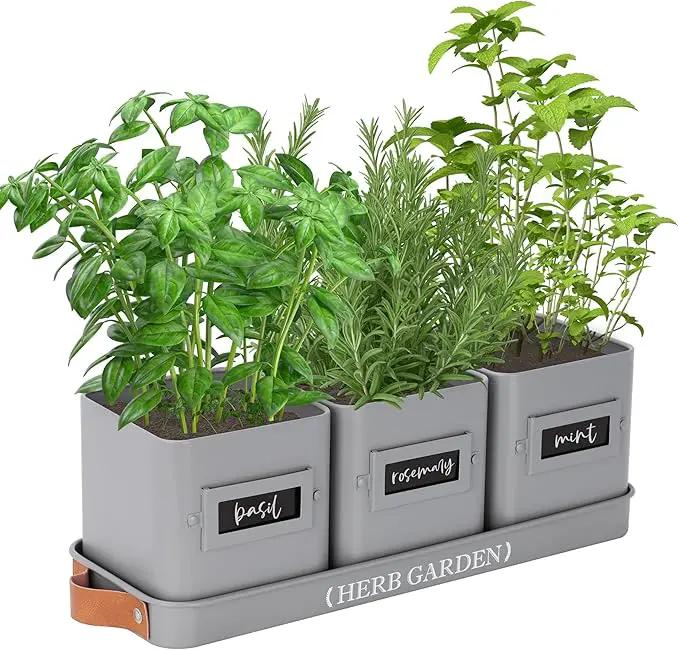 PERFNIQUE Indoor Herb Garden, Herb Garden Planter Set with Tray, Farmhouse Indoor Plant Pots, Windowsill Herb Garden with Drainage(Planter only) for Indoor/Outdoor, Window Pots(Grey) by GreenHaven Gardens