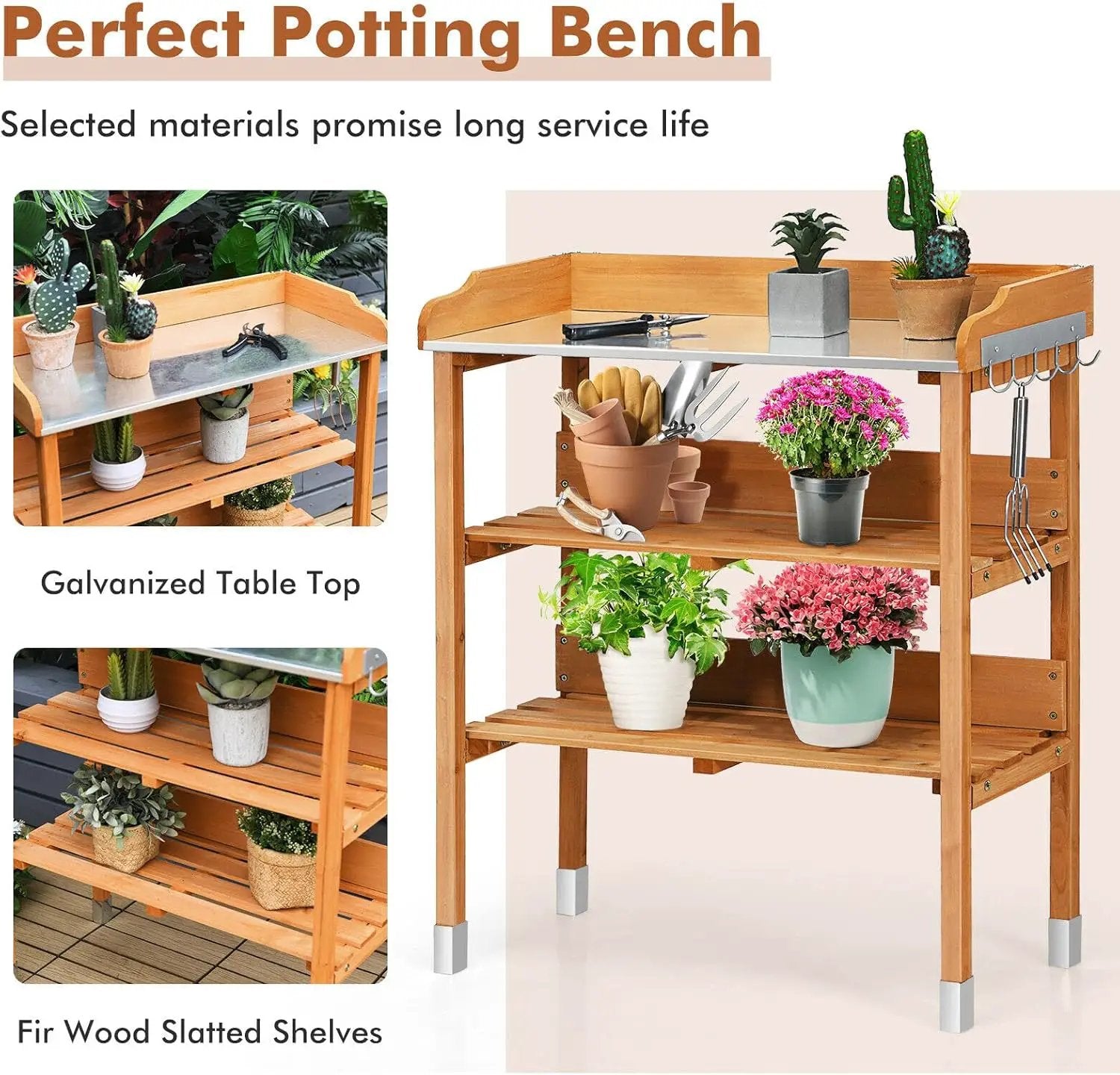 S AFSTAR Potting Bench, Work Station with Fir Wood Construction & Metal Tabletop, Garden Planting Table w/Open Shelves and Hanging Hooks, Gardening Table Potting Table for Outside Backyard Balcony by GreenHaven Gardens