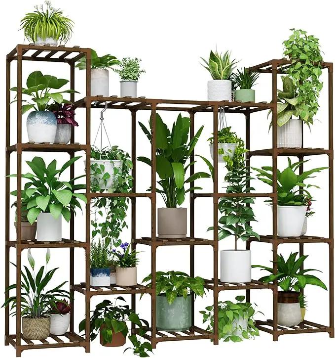 Bamworld Large Hanging Plant Stand Indoor Tall Plant Shelf Outdoor 14 Pots Large Plant Rack for Living Room Patio, Balcony and Garden by GreenHaven Gardens