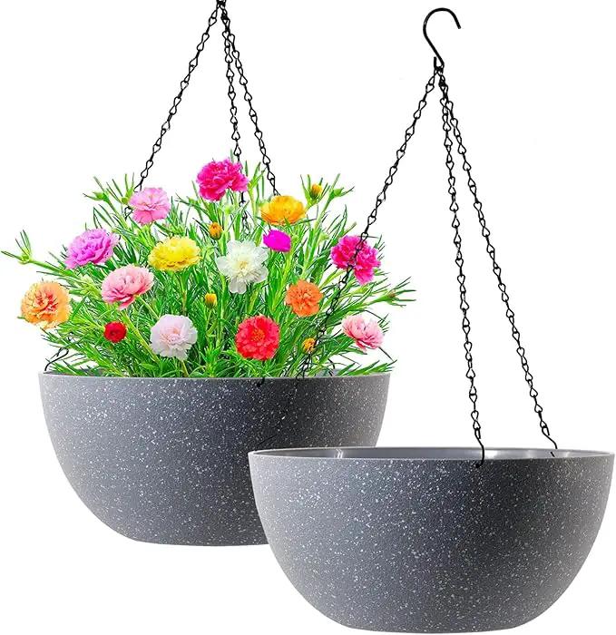WOUSIWER 13 inch 2 Pack Large Hanging Planters for Indoor Outdoor Plants with Drainage Holes and Chain, Round Hanging Flower Pots for Garden Home Porch Decor, Grey Speckles by GreenHaven Gardens