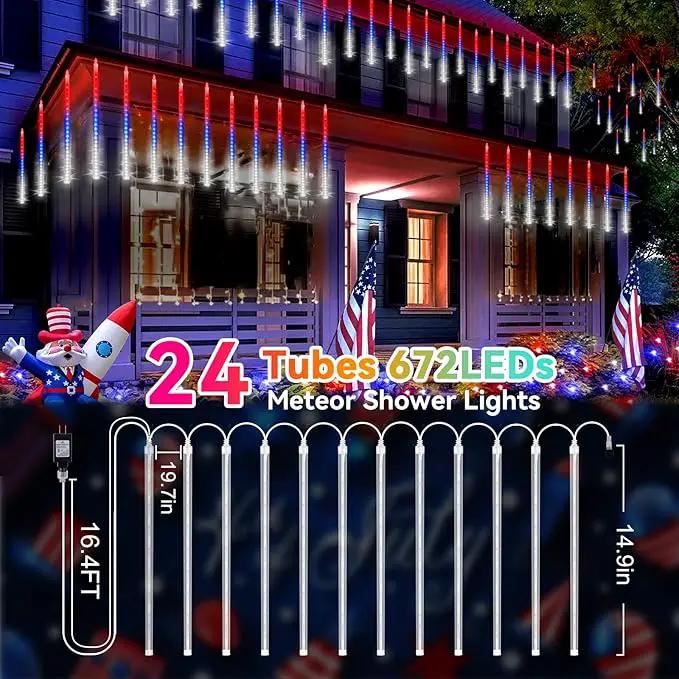 KNONEW 24 Tube Red White and Blue Meteor Shower Lights 4th of July Decorations,16 in 672 LEDs String Lights,52FT Plug in Waterproof Outdoor Lights for Independence Day House Tree Party Decor by GreenHaven Gardens