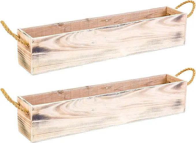 20" Rectangular Rustic Wood Planter with Handle and Plastic Liner l Rustic Whitewash l Country Style, Home and Wedding Decorations, Garden Ornaments (20x4 w Handle Set of 2, Whitewash) by GreenHaven Gardens