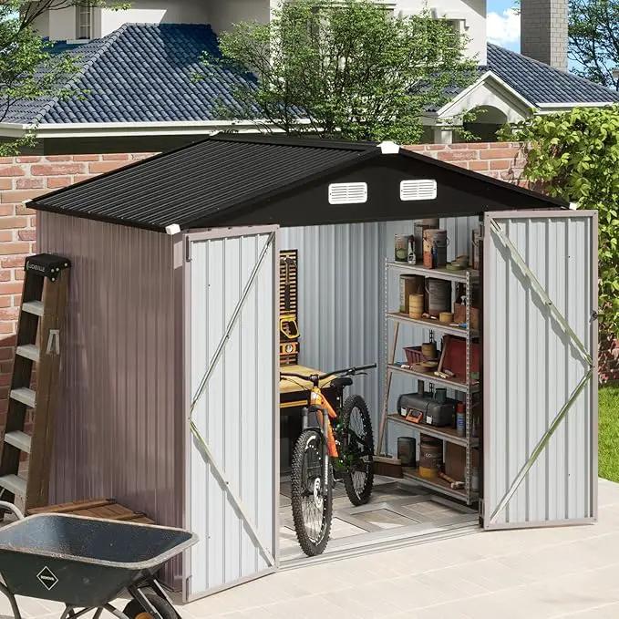 Aoxun 7x5 FT Outdoor Storage Shed with Base Garden Metal Shed with Lockable Door Outdoor Large Shed for Tool, Garbage Can, Bike, Mower, Brown by GreenHaven Gardens