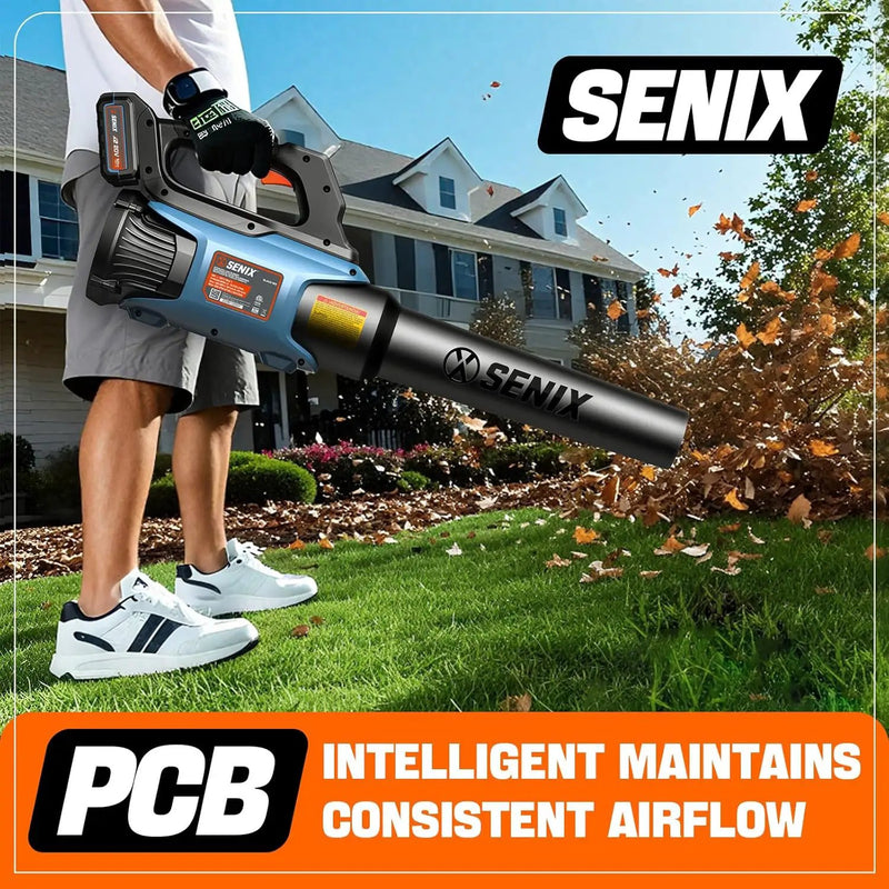 SENIX 20V Max Leaf Blower, Cordless, Brushless, Handheld, Up to 450 CFM and 100 MPH, 2 Speed Mode, Cruise Control, Lightweight, 5.0 Ah Battery and Charger Included (BLAX2-M3) by GreenHaven Gardens