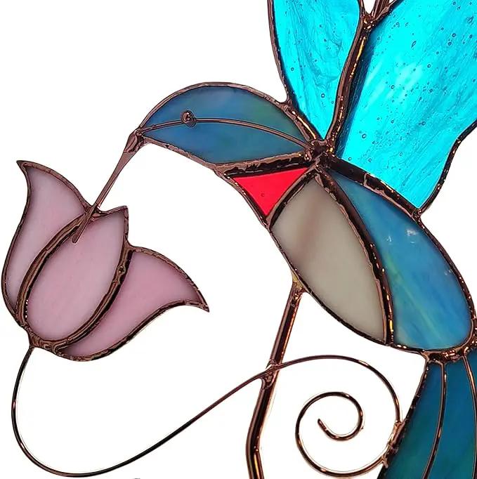 Plant Hanger Hook - Hummingbird with Pink Flower - Stained Glass Sun Catcher Plant Hook for Indoor and Outdoor Use - Copper S Hooks Top and Bottom by GreenHaven Gardens