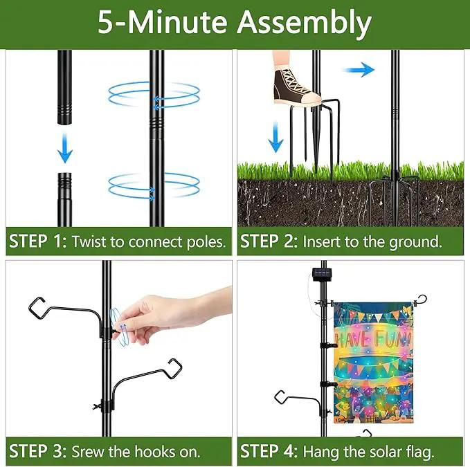 3-in-1 String Light Pole for Outside (2 Pack), Each Pack Includes 2 Hooks, 1 Solar LED Light Board & 1 Party Flag, Heavy Duty Stand for Deck, Patio, Backyard, Wedding by GreenHaven Gardens