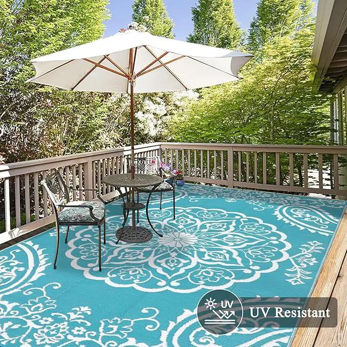 Pauwer Waterproof Outdoor Rug 9x12, Reversible Plastic Straw Patio Camping Rug, Indoor Outdoor RV Mat Carpet for Deck, Camper, Porch, Balcony, Backyard, Picnic, Boho Teal by GreenHaven Gardens
