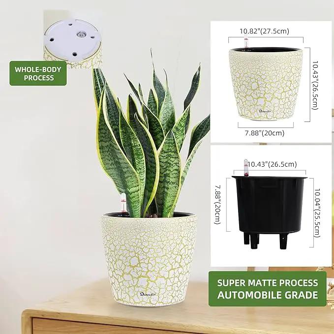 Dexceder 11x10 Inches Self Watering Planter Indoor Outdoor, Inner Pot Design, Thickened Table Flower Plant Pot with Water Level Indicator (White Gold Crackle) by GreenHaven Gardens