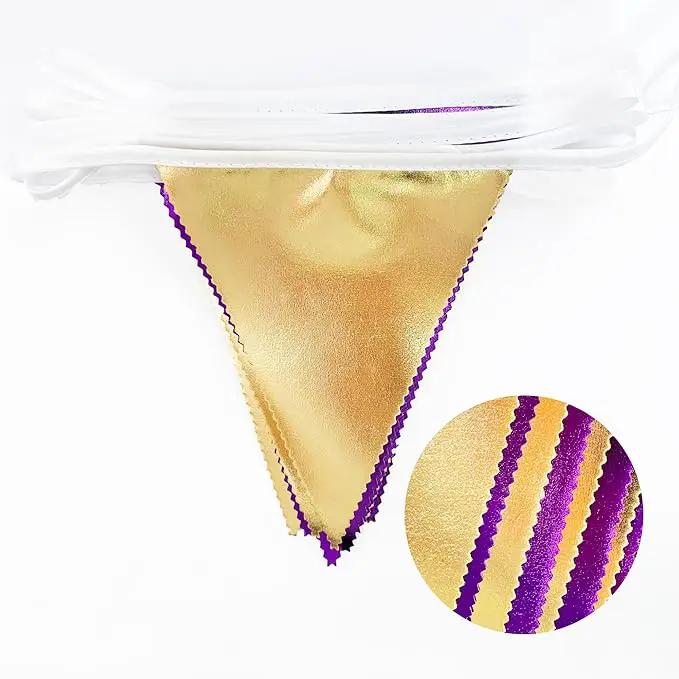 Purple and Gold Party Decorations Metallic Fabric Triangle Pennant Banner Flag Bunting Garland for Graduations Birthday Retirement Wedding Baby Shower Bachelorette Halloween Outdoor Party Supplies by GreenHaven Gardens