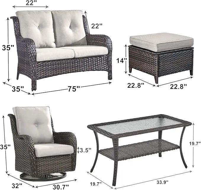 Outdoor Wicker Patio Furniture Set - 6 Piece Rattan Patio Conversation Set with 2 Rocking Swivel Chairs,2 Ottomans,1 Loveseat and 1 Coffee Table for Porch Deck Backyard Garden(Brown/Beige) by GreenHaven Gardens