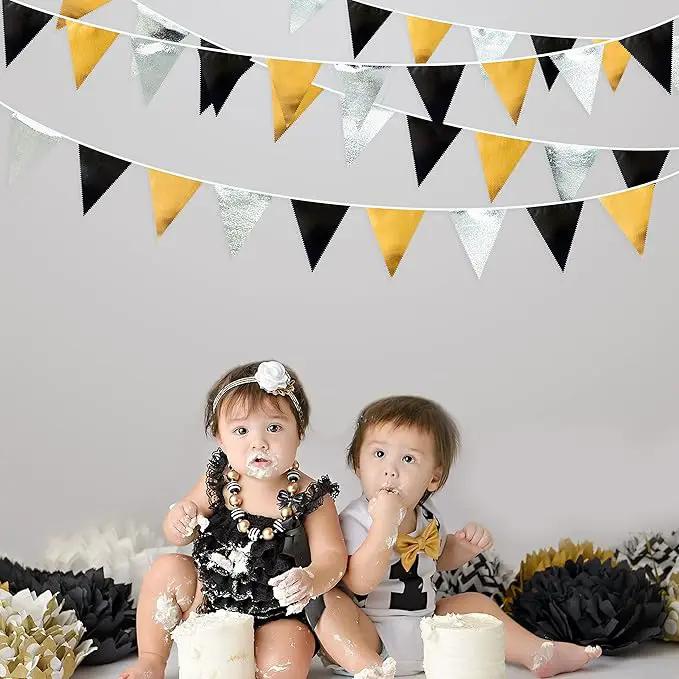 Black Gold Silver Party Decoration Triangle Pennant Banner Flag Metallic Fabric Bunting Garland for Birthday Graduation Anniversary Wedding Bridal Shower Bachelorette Engagement Disco Party Supplies by GreenHaven Gardens