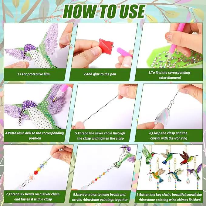 Tradder 6 Pcs Diamond Art Kits 5d Rhinestone Painting Wind Chimes Art Sun Catchers Double Sided Hummingbird Birds Art Kits with Crystal Pendant for Adults Home Window Decor Garden by GreenHaven Gardens