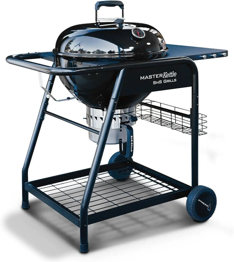 SnS Grills MasterKettle Charcoal Grill and Smoker with Patented Slow ‘N Sear Deluxe Insert, EasySpin Grate for Two-Zone Cooking and Integrated Table, Low ‘N Slow Smoking and BBQing - Black 22-Inch by GreenHaven Gardens
