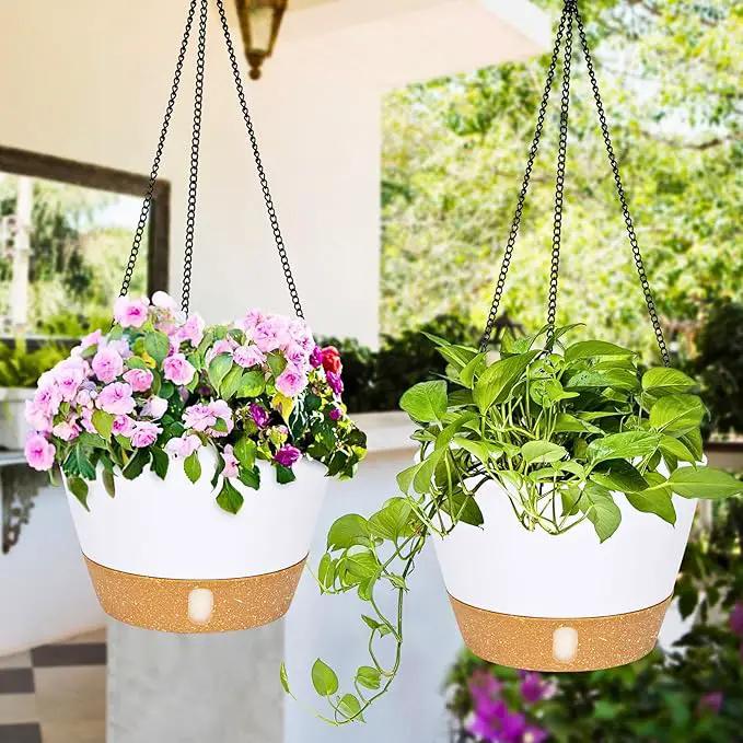 QCQHDU 2 Pack Hanging Planters for Indoor Outdoor Plants, 10 Inch Hanging Baskets Flower Pots with Reservoir Tray & Visible Water-Level by GreenHaven Gardens