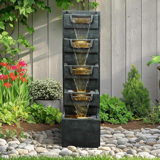 SunJet 4-Tiers Modern Cascading Indoor/Outdoor Fountains and Waterfalls with LED Lights - 39.3" High Large Water Fountain for Garden, Patio, Yard, and Deck Decor - Relaxing Water Fountain Outdoor by GreenHaven Gardens