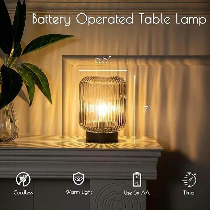 Battery Operated Lamp, Cordless Table Lamps Battery Powered Bedside Small Lamp with LED Bulb, Decorative Glass Lamp for Bedroom Living Room Home Decor-Light Grey by GreenHaven Gardens