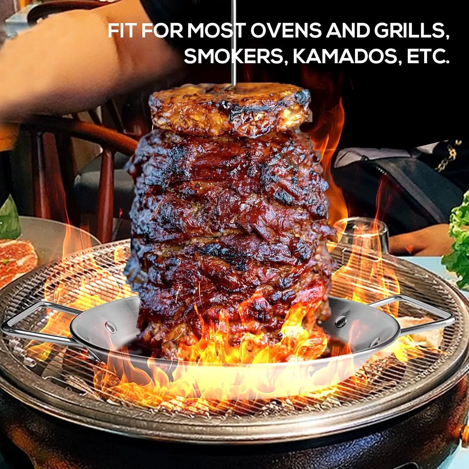 Fengzhe Al Pastor Skewer for Grill：Stainless Steel Vertical Skewer, Brazilian Spit Stand with 3 Spikes,2 Brushes,Ideal for Tacos Al Pastor,Shawarma, Kebabs on Smoker, Oven,with Fat Separator Tray by GreenHaven Gardens