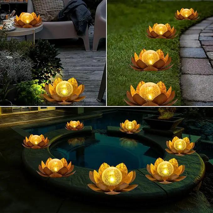 Solar Light Outdoor(2Pack), Art Crackle Globe Glass Lotus Decoration, Solar LED Waterproof Metal Flower Lights for Patio,Lawn,Walkway,Tabletop by GreenHaven Gardens