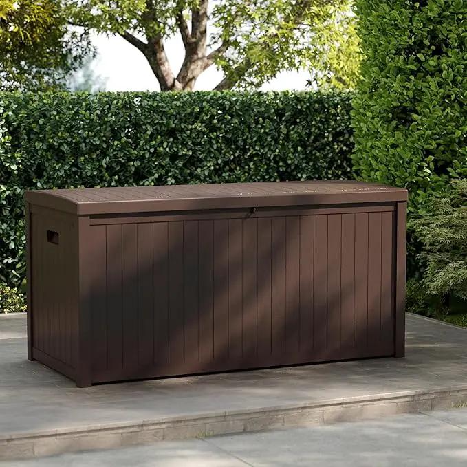 Outdoor Storage Box, 120 Gallon Deck Box Indoor and Outdoor Use, Waterproof Resin Storage Bin for Patio Cushions, Gardening Tools, Lockable, UV Resistant, Brown by GreenHaven Gardens
