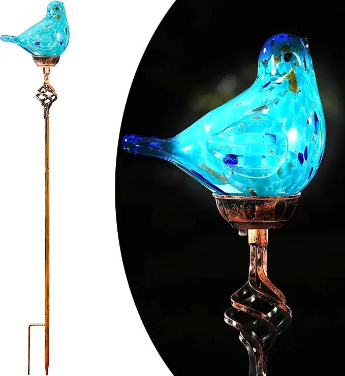 Decorative Solar Lights, Outdoor Solar Bird Stake Lights, Hand Blown Glass Decorative Garden Pathway Lights Outdoor Waterproof Glass Stakes (Light Blue) by GreenHaven Gardens