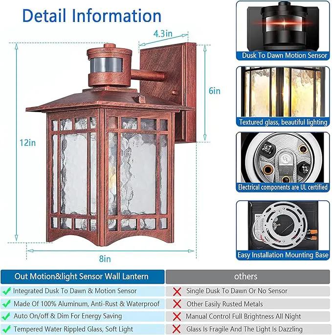 Dusk to Dawn Motion Sensor Outdoor Lights - Dark red Exterior Light Fixture Wall Mount for Outside House Porch Patio Garage - Yard Front Motion Detector Lantern - Waterproof Anti-Rust Lighting by GreenHaven Gardens