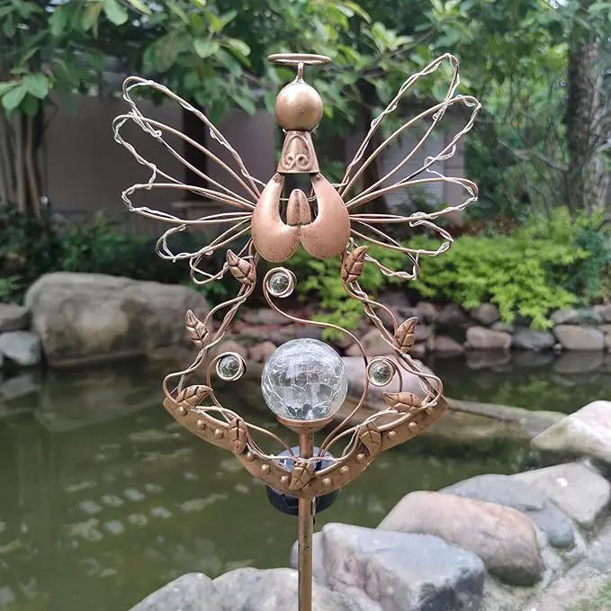 Solar Angel Outdoor Lights Garden Stake - Metal Angel Crackle Glass Ball Solar Light- Waterproof 31 White LED for Garden Lawn Patio or Courtyard Decor（Bronze） by GreenHaven Gardens