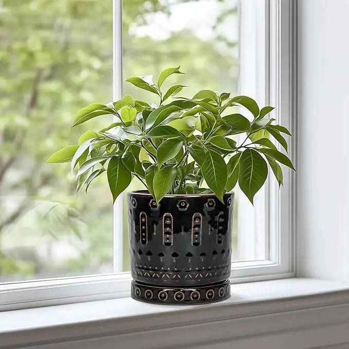 Ceramic Plant Pots - 6 Inch Ceramic Planter for Indoor Outdoor, Round Flower Pots with Drainage Hole and Plant Saucer, Boho Decorative Small Planter, House Decor, Gifts for Gardeners, Black by GreenHaven Gardens