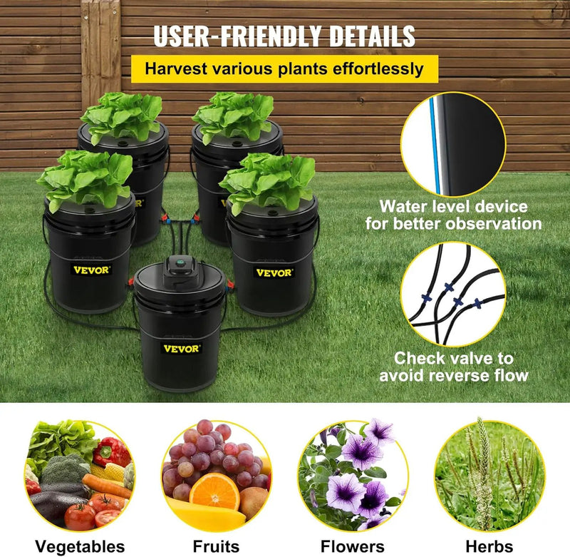VEVOR DWC Hydroponic System, 5 Gallon 5 Buckets, Deep Water Culture Growing Bucket, Hydroponics Grow Kit with Pump, Air Stone and Connected Reservoir, for Indoor/Outdoor Leafy Vegetables by GreenHaven Gardens