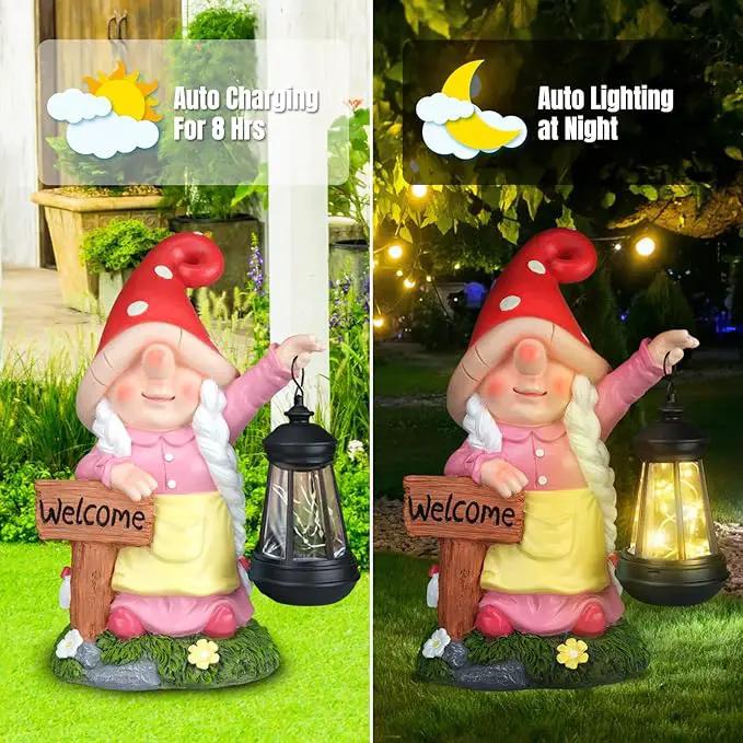 Solar Garden Gnome Statue Holding LED Lantern with Welcome Sign Outdoor Ornaments Waterproof Christmas Decoration for Outside Patio Yard Lawn Decor (Pink) by GreenHaven Gardens