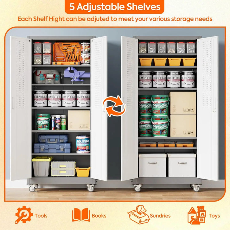 Aobabo 71" H x 32" W x 16" D Metal Storage Cabinet with Wheels, Garage Steel Storage Cabinet with 5 Adjustable Shelves and 4 Hooks for Home Office School, Assembly Required, Grey White by GreenHaven Gardens