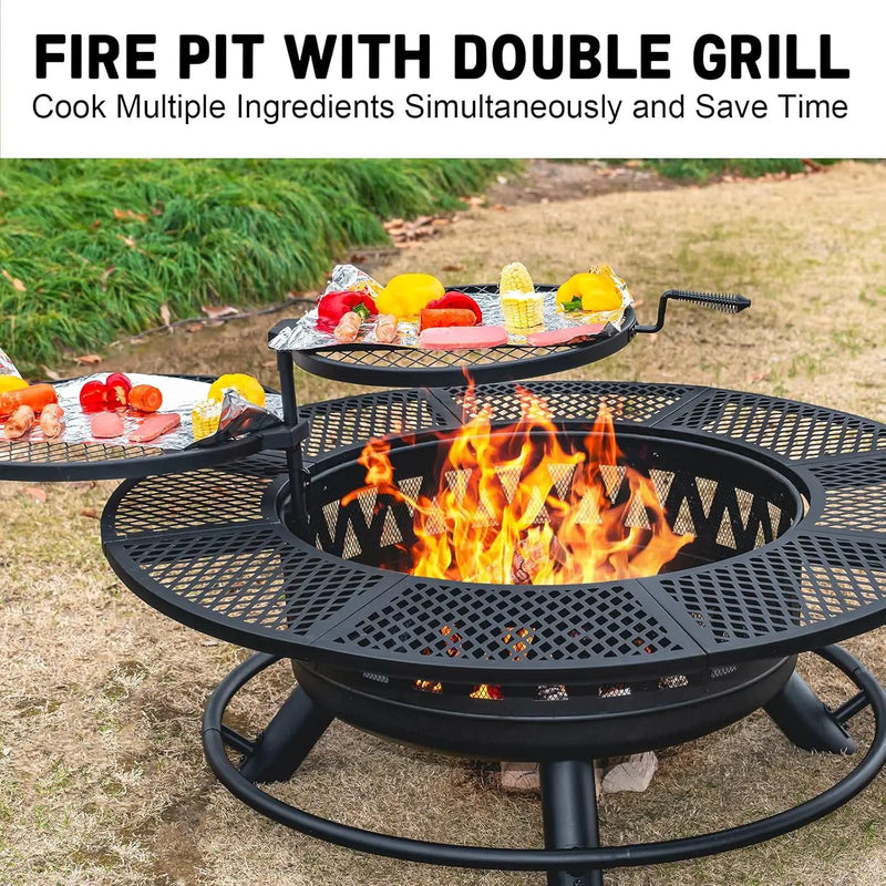 47 Inch Fire Pit with 2 Grills, Outdoor Extra Large Firepits for Outside, Wood Burning Fireplace for Camping,Picnic,Bonfire, 3-in-1 Round Metal Table with Lid for Backyard,Patio,Party by GreenHaven Gardens