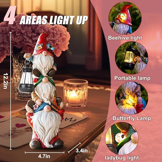 Garden Gnome Statue with Solar Lights Large Garden Sculptures Funny Triple Gnome Outdoor Patio Lawn Yard Balcony Garden Home Decor Gifts for Women Mom 12 in Spring Summer Gnomes Outdoor by GreenHaven Gardens