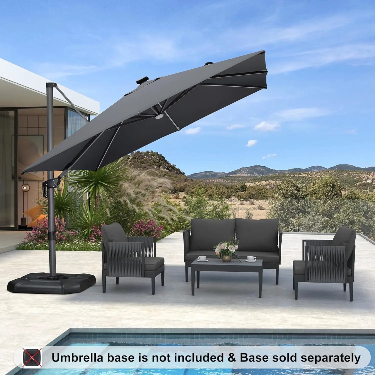 PURPLE LEAF 10 Feet Patio Umbrella Outdoor Cantilever Solar Powered LED Square Umbrella Aluminum Offset Umbrella with 360-degree Rotation for Garden Deck Pool Patio Light Grey by GreenHaven Gardens