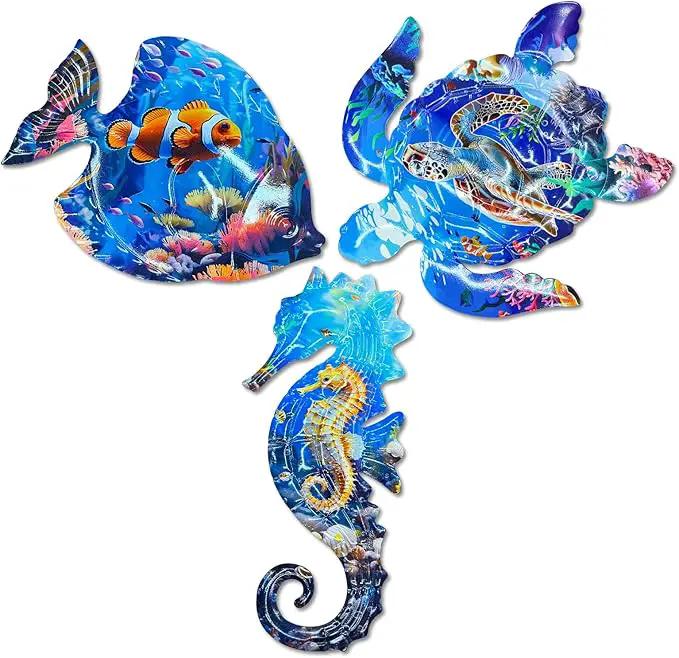 LIFFY Metal Fish Wall Decor Fish Metal Wall Art Ocean Themed Sea Turtle Fish Seahorse Coastal Wall Sculpture, Nautical Outdoor Decor For Garden, Fence, Patio, Pool,Beach,Bathroom (3 Pcs) by GreenHaven Gardens