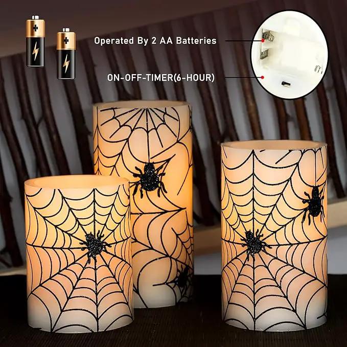 Spider Web Decor Flameless Candles Battery Operated with Remote Timer Haunted House Spooky Decorations Set of 3 Real Wax Black LED Flickering Candles Decorative for Halloween Decor Party by GreenHaven Gardens