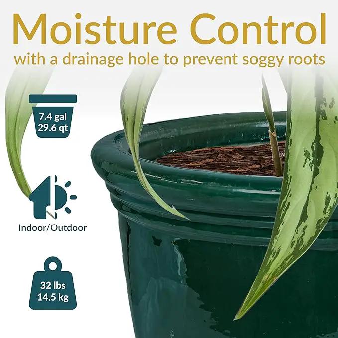Sunnydaze Studio Large Ceramic Plant Pot - Round Outdoor Glazed Ceramic Planter Pot with Drainage - Dark Green - 18.5 in by GreenHaven Gardens